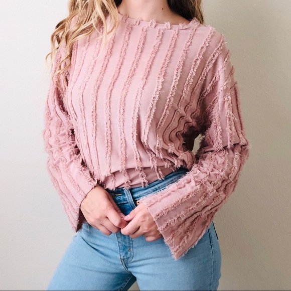 Zara Tops - ZARA pink fuzzy striped long sleeve top - LARGE